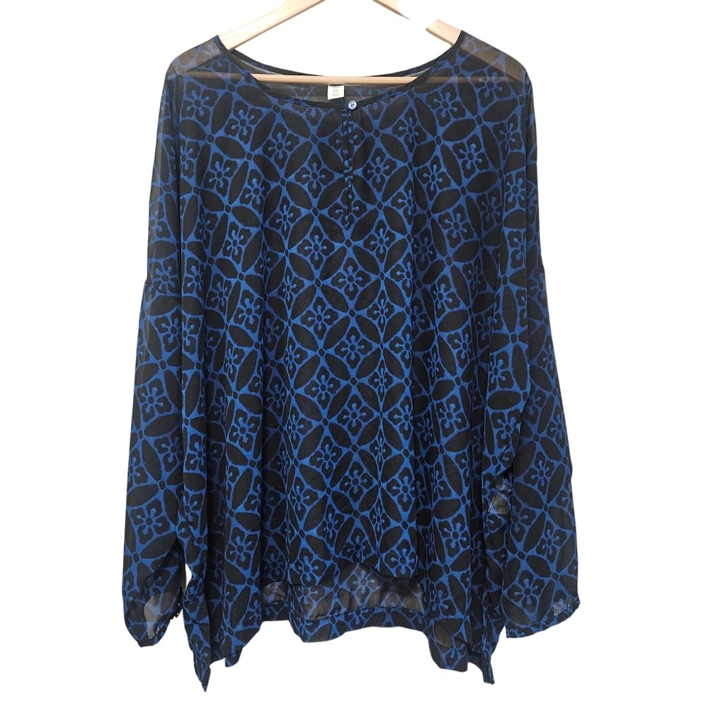 Old Navy Top Womens XXL Blue Black Sheer Boho Lightweight Pullover Blouse Office